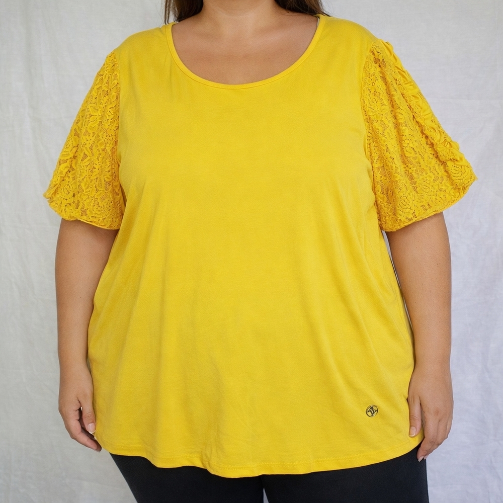 Adrienne Vitadini Yellow Lace Sleeve Women's Top